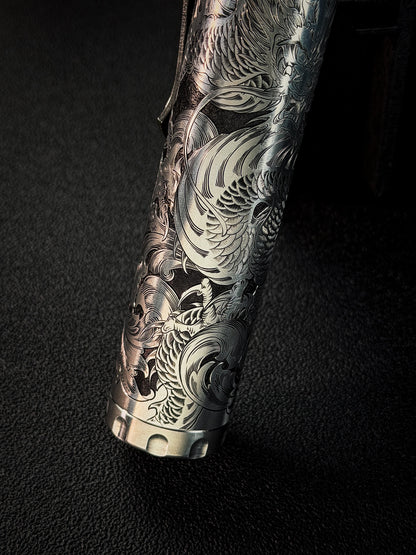 One-Off 黄海龍 手彫り Steel Flame フラスク／シガーチューブ Steel Flame × Starlingear ブロンズSlicksterクリップ付き
