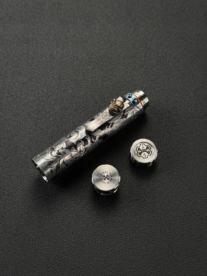 One-Off 黄海龍 手彫り Steel Flame フラスク／シガーチューブ Steel Flame × Starlingear ブロンズSlicksterクリップ付き