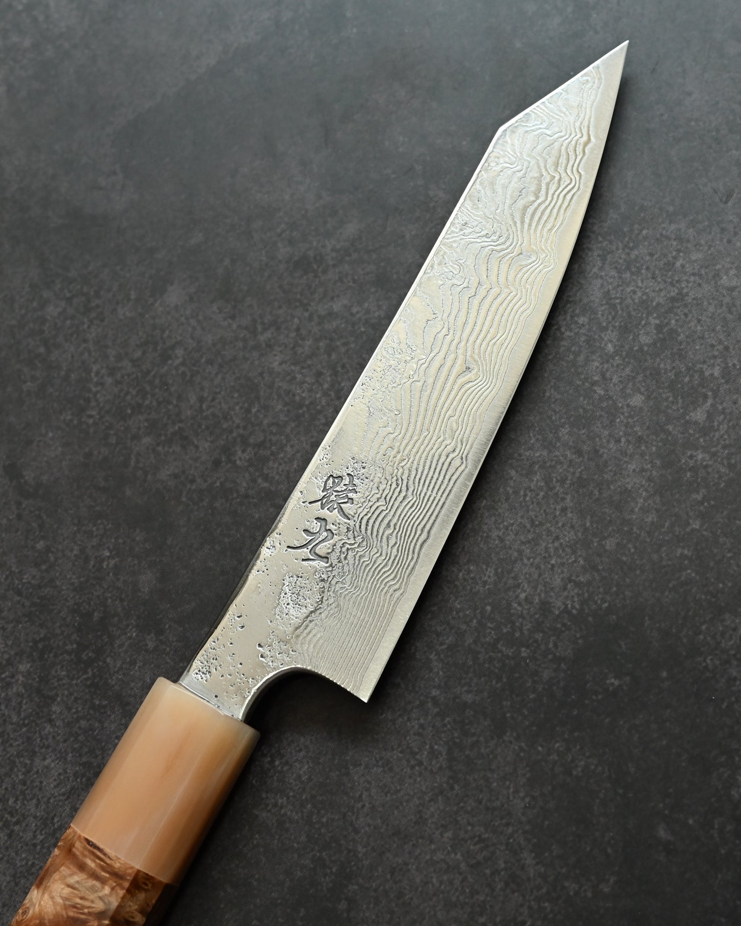 Saruku Homura-Un Petty Knife 135mm Japanese Kitchen Knife SPG2 Damascus  Burl Wood Handle  Buffalo Horn Ferrule