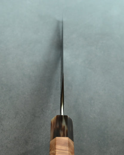 Saruku Homura-Un Santoku Knife 180mm Japanese Kitchen Knife SPG2 Damascus  Burl Wood Handle  Buffalo Horn Ferrule