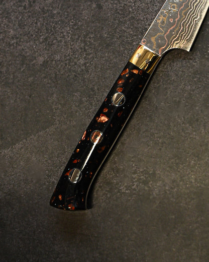 佐治武士 V金10W 有色ダマスカス ペティ 90mm ミガキ仕上げ 黒茶コーリアンハンドル