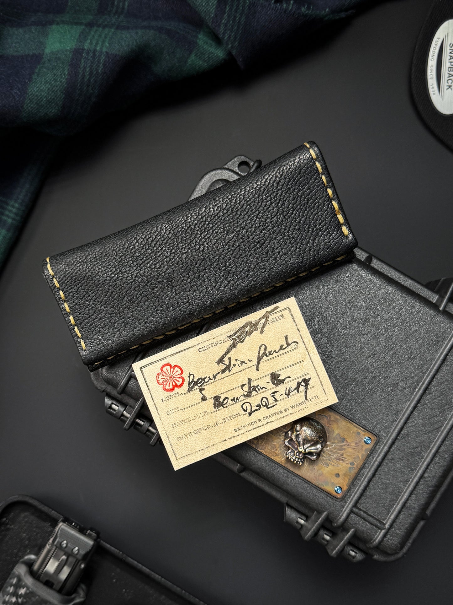 Wtopia Handmade Knife Pouch – Aomori Black Bear Leather｜One-Off Japanese Made with Twin Brass Ginkgo Snaps