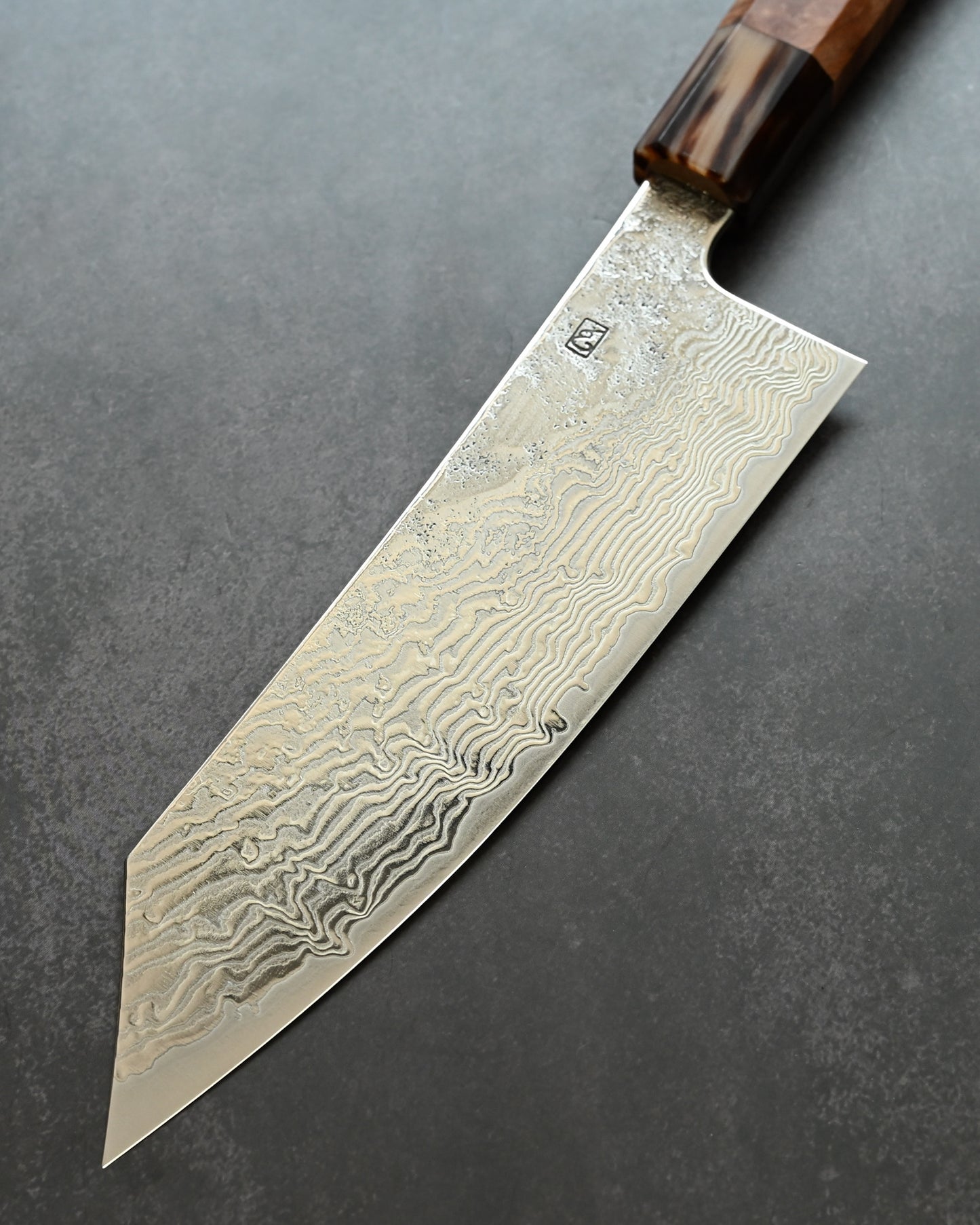 Saruku Homura-Un Santoku Knife 180mm Japanese Kitchen Knife SPG2 Damascus  Burl Wood Handle  Buffalo Horn Ferrule