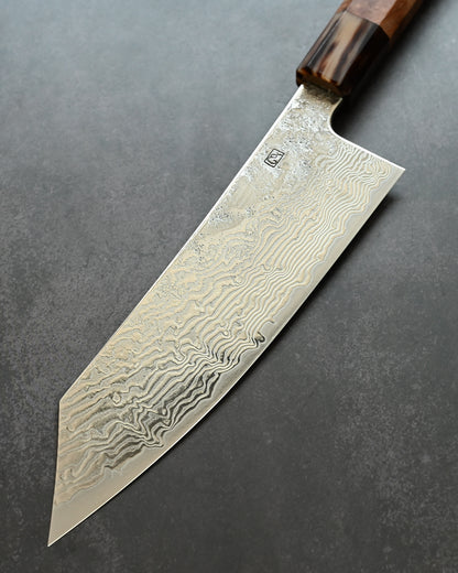 Saruku Homura-Un Santoku Knife 180mm Japanese Kitchen Knife SPG2 Damascus  Burl Wood Handle  Buffalo Horn Ferrule