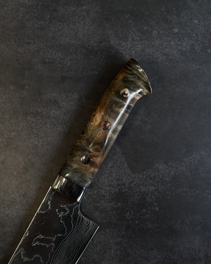 Takeshi Saji VG10 Damascus Gyuto 210mm Diamond Finish Stabilized Wood Handle – Handmade Japanese Chef Knife