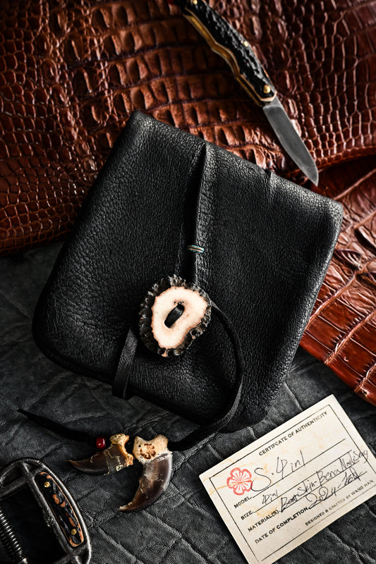 Made in Japan Wtopia One-Off Custom 4-in-1 Knife / Tool Roll Case – Bear Leather, Hokkaido Deer Antler Button, Bear Claw Charm