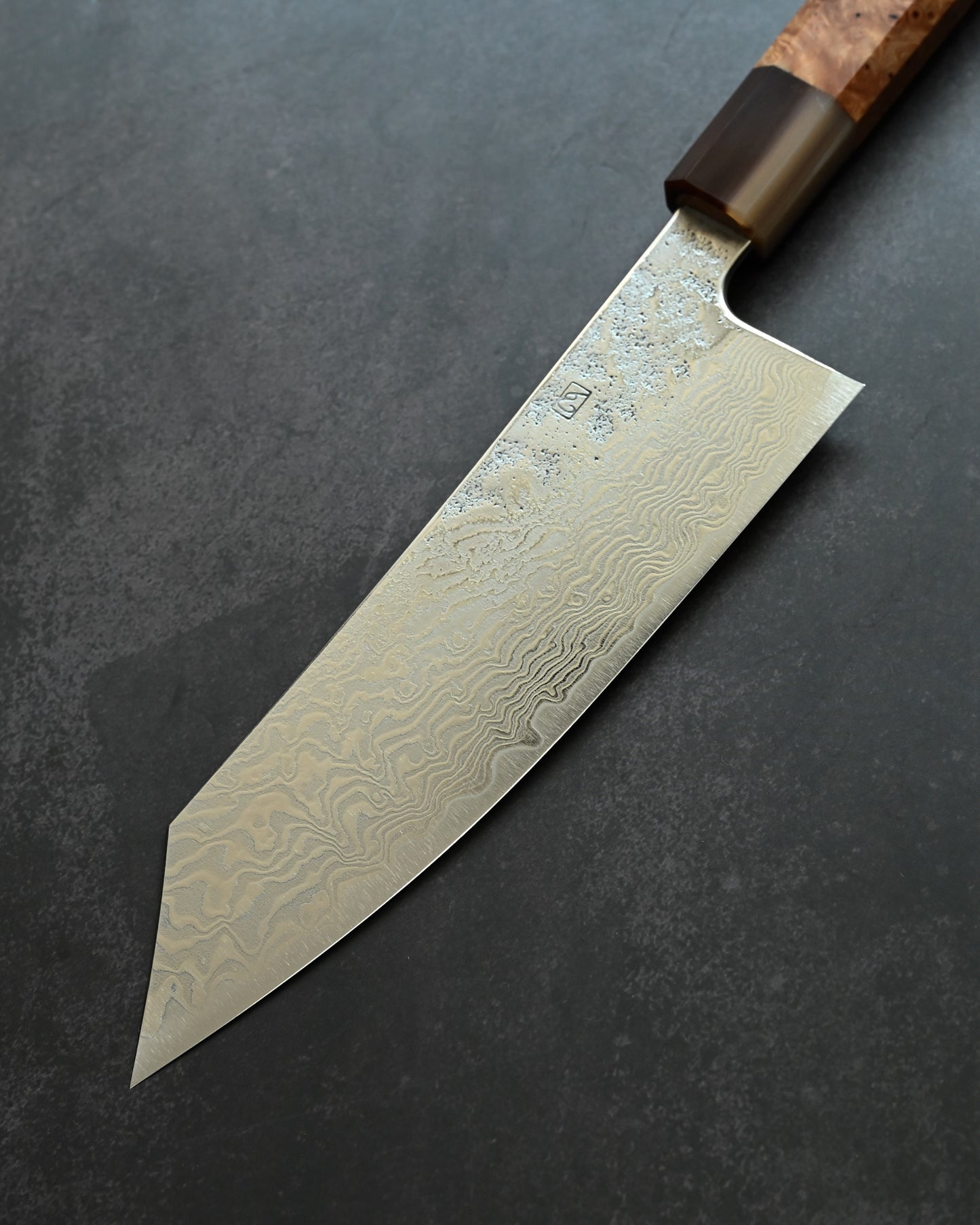 Saruku Homura-Un Santoku Knife 180mm Japanese Kitchen Knife SPG2 Damascus  Burl Wood Handle  Buffalo Horn Ferrule