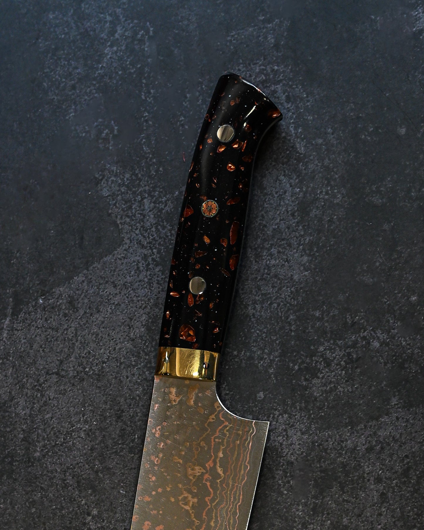 佐治武士 V金10W 有色ダマスカス 牛刀 240mm 黒茶コーリアンハンドル 手打ち包丁