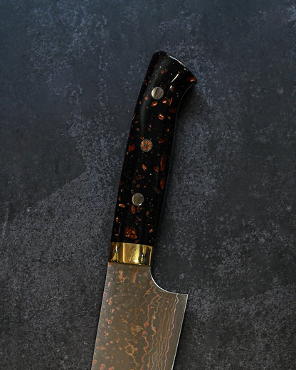 佐治武士 V金10W 有色ダマスカス 牛刀 240mm 黒茶コーリアンハンドル 手打ち包丁