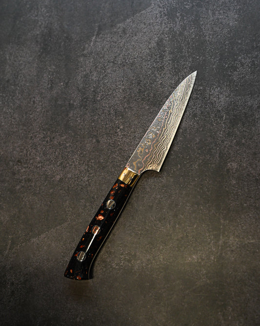 Takeshi Saji Colored VG10 Damascus Petty Knife 90mm – Migaki Finish – Black & Brown Corian Handle – Handmade in Japan