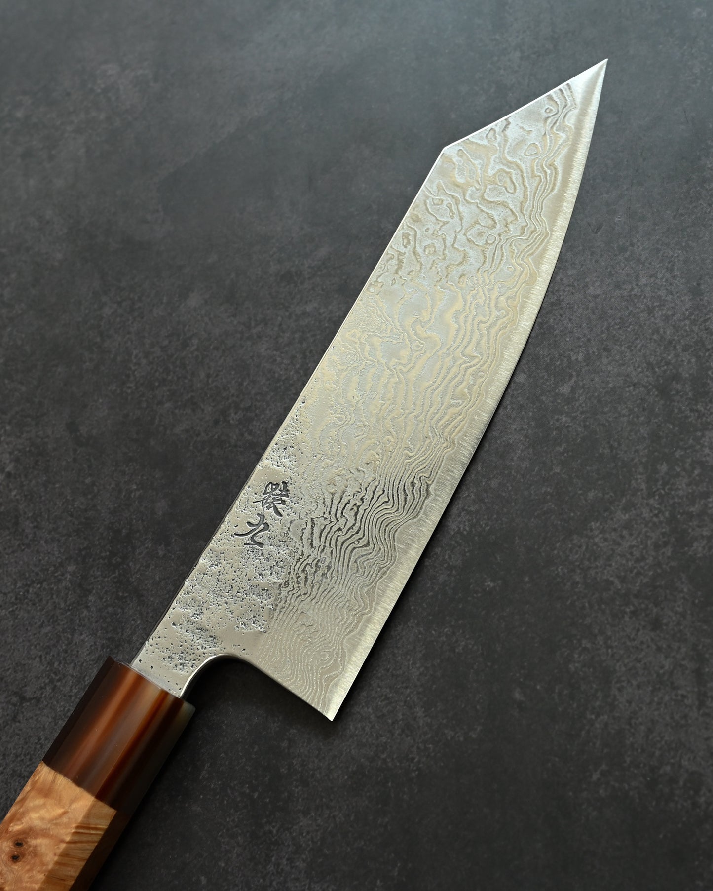 Saruku Homura-Un Santoku Knife 180mm Japanese Kitchen Knife SPG2 Damascus  Burl Wood Handle  Buffalo Horn Ferrule