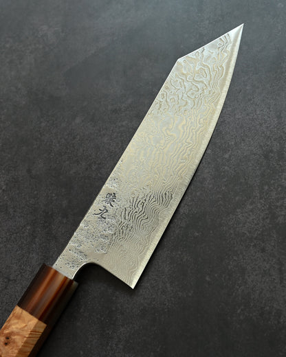 Saruku Homura-Un Santoku Knife 180mm Japanese Kitchen Knife SPG2 Damascus  Burl Wood Handle  Buffalo Horn Ferrule