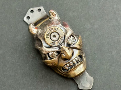 Steel Flame XXXL Silver Hannya Skull with Bronze Mask, 45A Inlay & Faceted Gem Eyes
One-Off · Hand-Signed · Three-Hole Clip