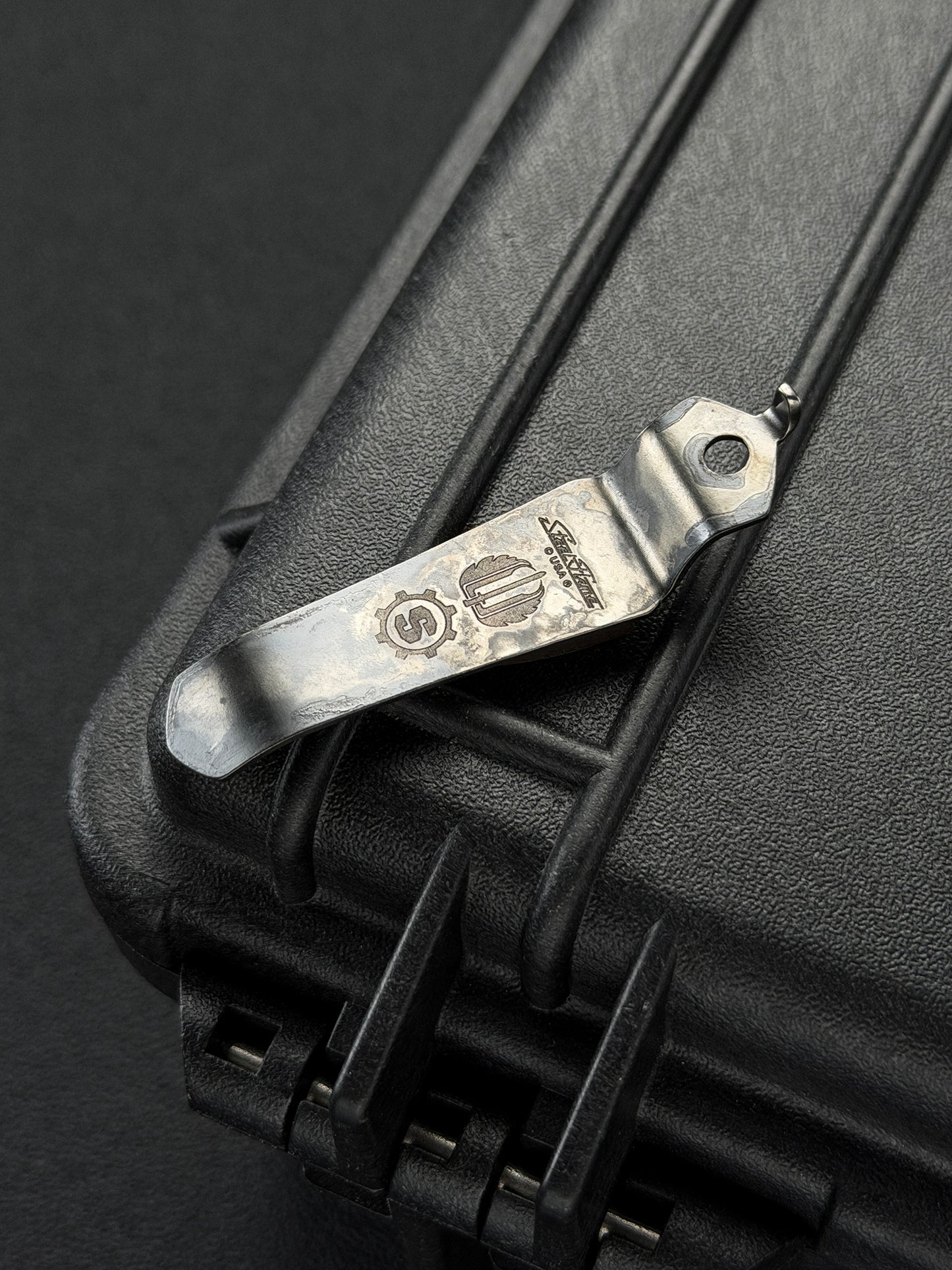 Steel Flame × Starlingear × Strider Knives Collaboration Crusader Orange-Peel Bronze Shield Pocket Clip