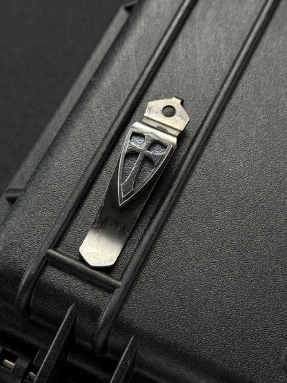 Steel Flame × Starlingear × Strider Knives Collaboration Crusader Orange-Peel Silver Shield Pocket Clip