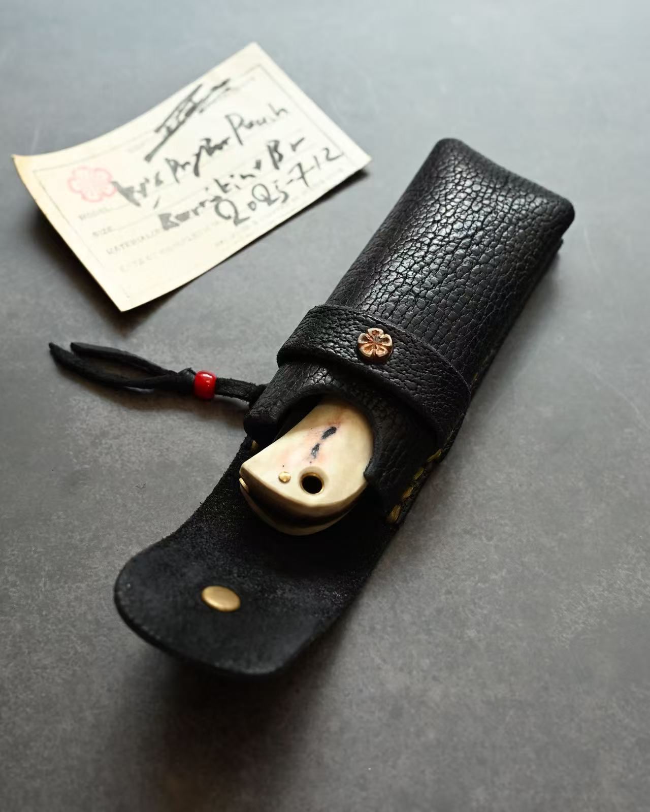Wtopia Handmade Knife/Tool/Flashlight Pouch｜Japanese Bear Leather with Bronze Cherry Blossom Inlay｜Includes Pendant & Hand-Signed Birth Card