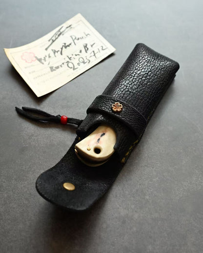 Wtopia Handmade Knife/Tool/Flashlight Pouch｜Japanese Bear Leather with Bronze Cherry Blossom Inlay｜Includes Pendant & Hand-Signed Birth Card