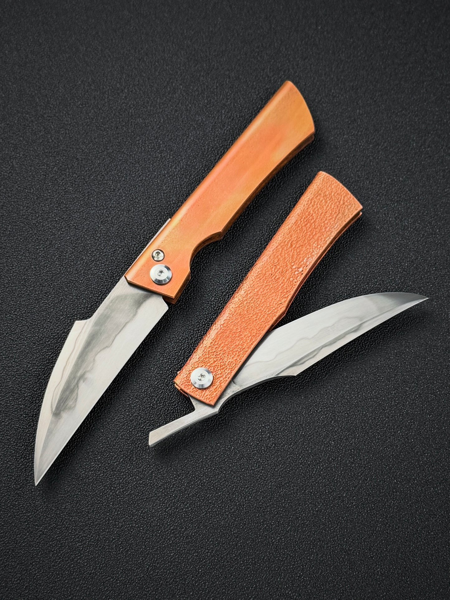 Handmade Higonokami-Style EDC Custom Folding Knife Orange-Peel Copper Handle with W2 Hamon Blade