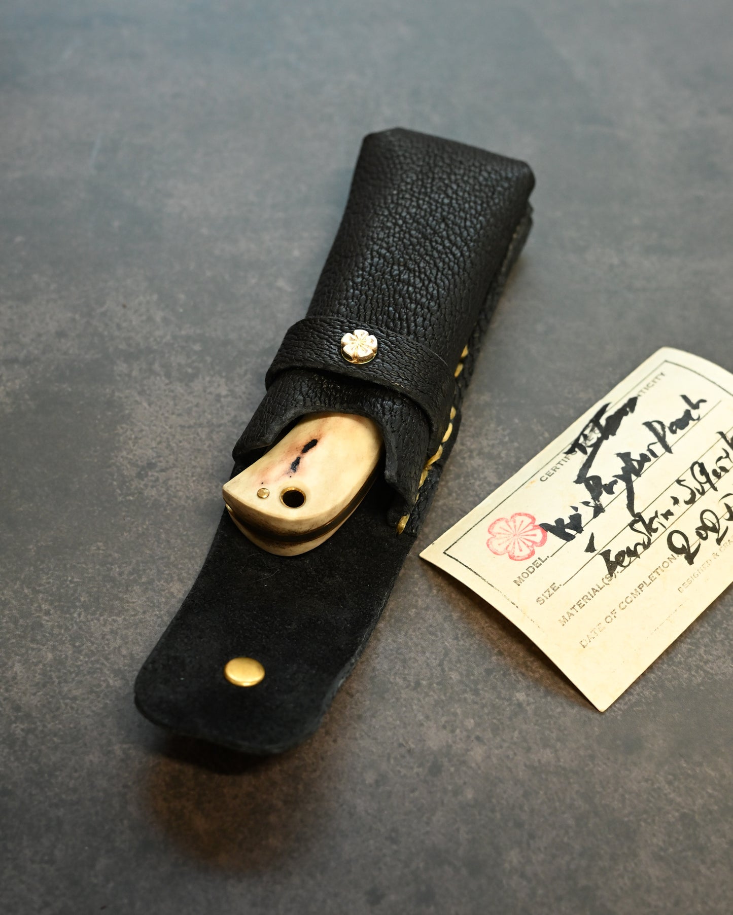 Wtopia Handmade Knife/Tool/Flashlight Pouch｜Japanese Bear Leather with 925 Silver Ginkgo Inlay｜Hand-Signed Birth Card｜One of a Kind