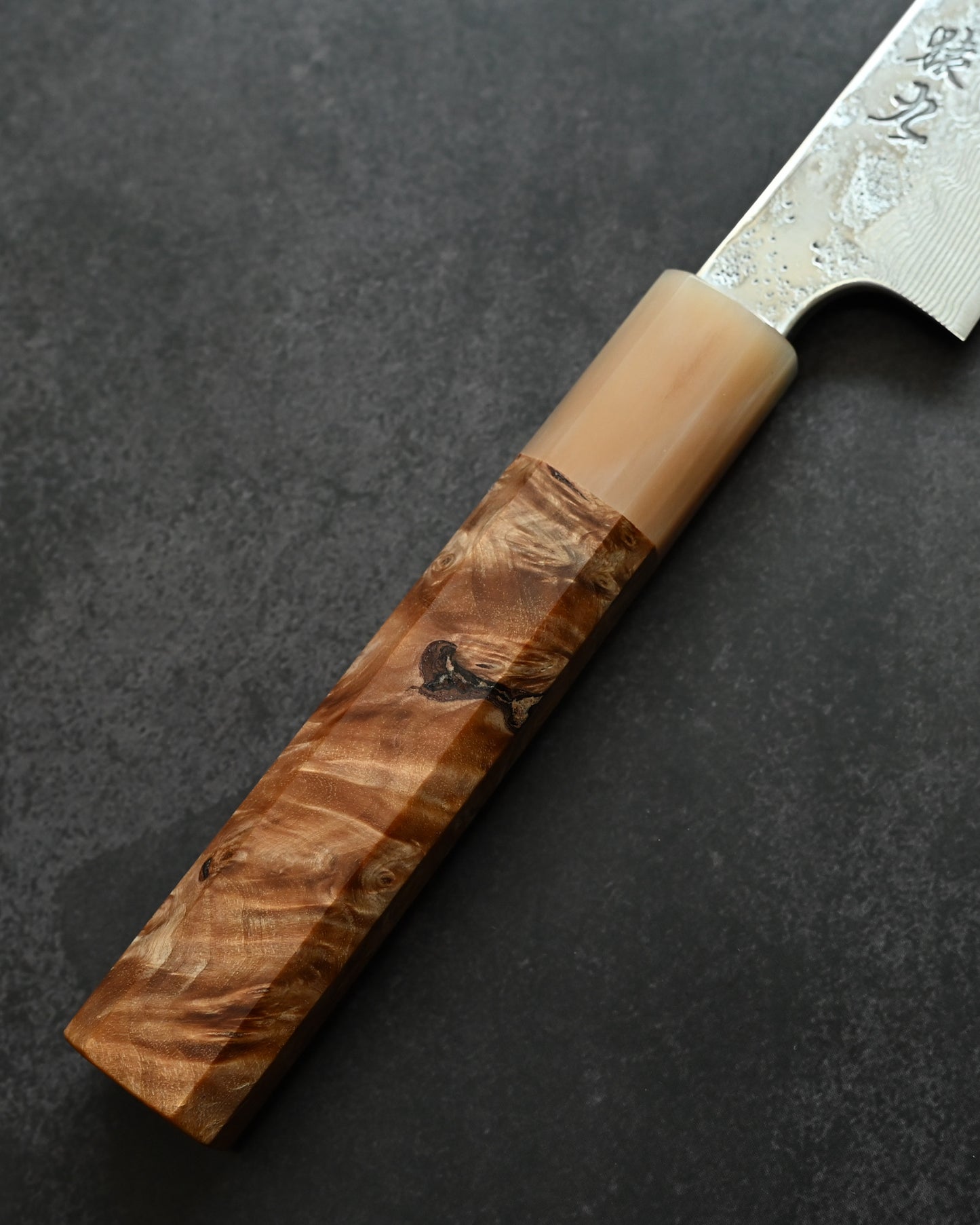 Saruku Homura-Un Petty Knife 135mm Japanese Kitchen Knife SPG2 Damascus  Burl Wood Handle  Buffalo Horn Ferrule