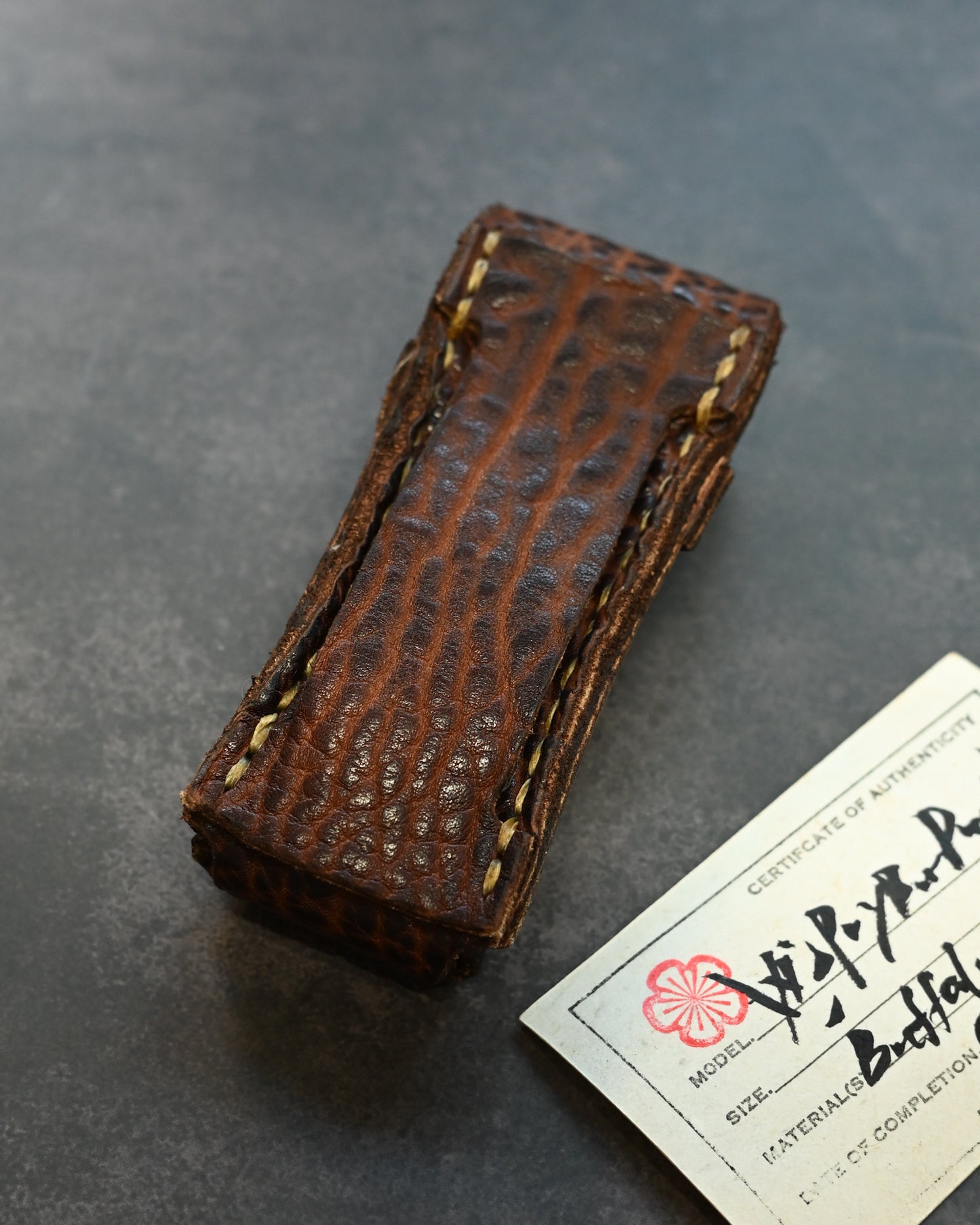 Wtopia One-off Buffalo Leather Pocket Knife Sheath | Bronze Plum Blossom Inlay | Handmade | 