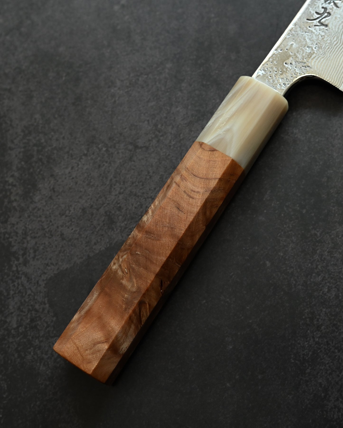 Saruku Homura-Un Petty Knife 135mm Japanese Kitchen Knife SPG2 Damascus  Burl Wood Handle  Buffalo Horn Ferrule