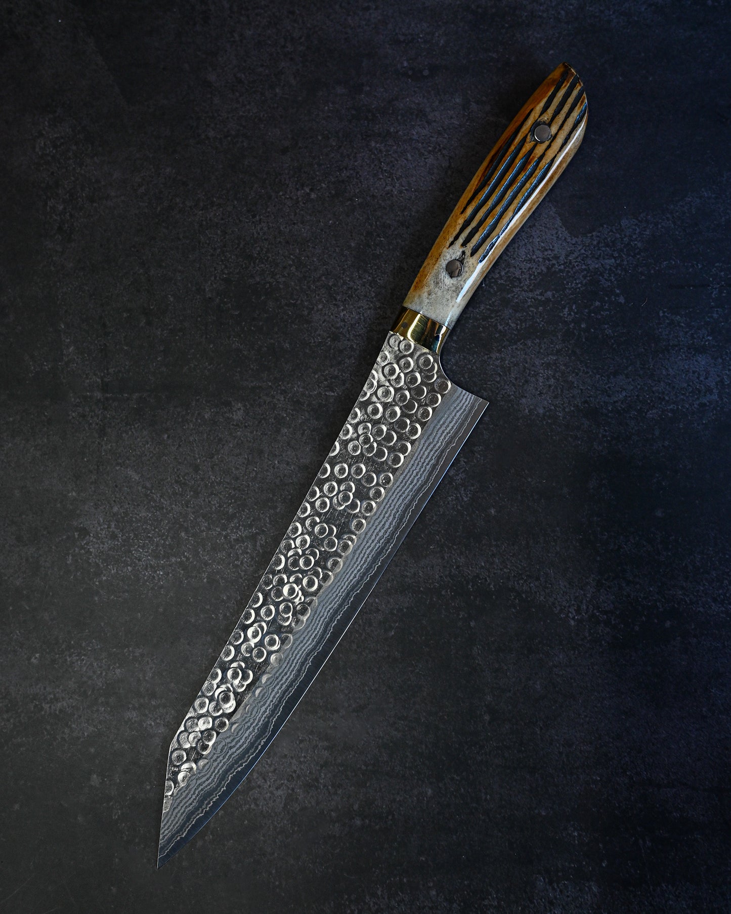 Takeshi Saji Tsuchime Damascus Gyuto 240mm – Deer Antler Handle – Handmade Japanese Chef Knife