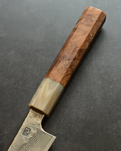 Saruku Homura-Un Petty Knife 135mm Japanese Kitchen Knife SPG2 Damascus  Burl Wood Handle  Buffalo Horn Ferrule
