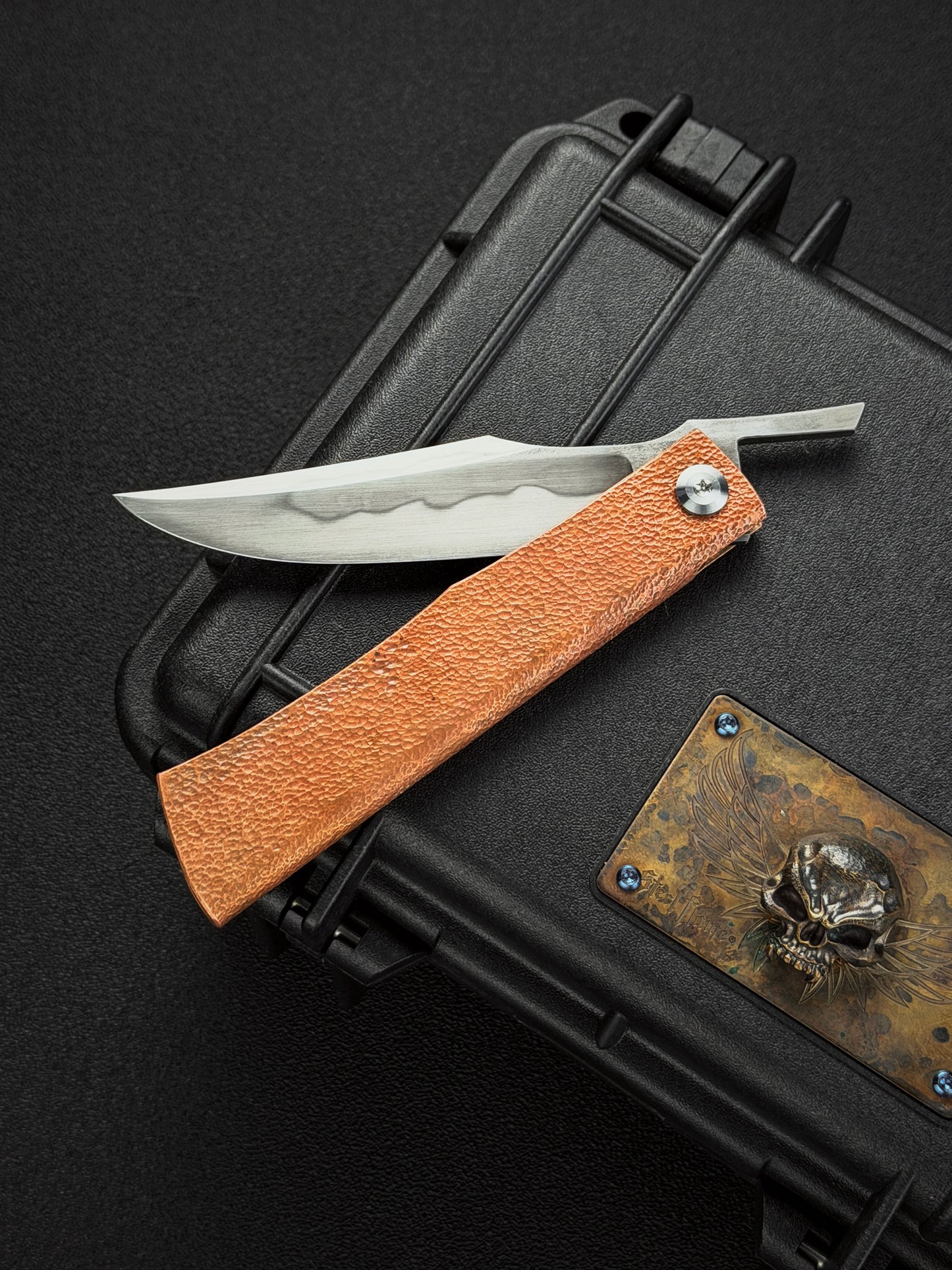 Handmade Higonokami-Style EDC Custom Folding Knife Orange-Peel Copper Handle with W2 Hamon Blade