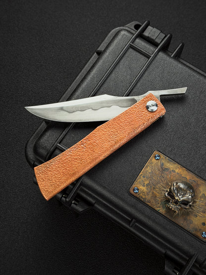 Handmade Higonokami-Style EDC Custom Folding Knife Orange-Peel Copper Handle with W2 Hamon Blade