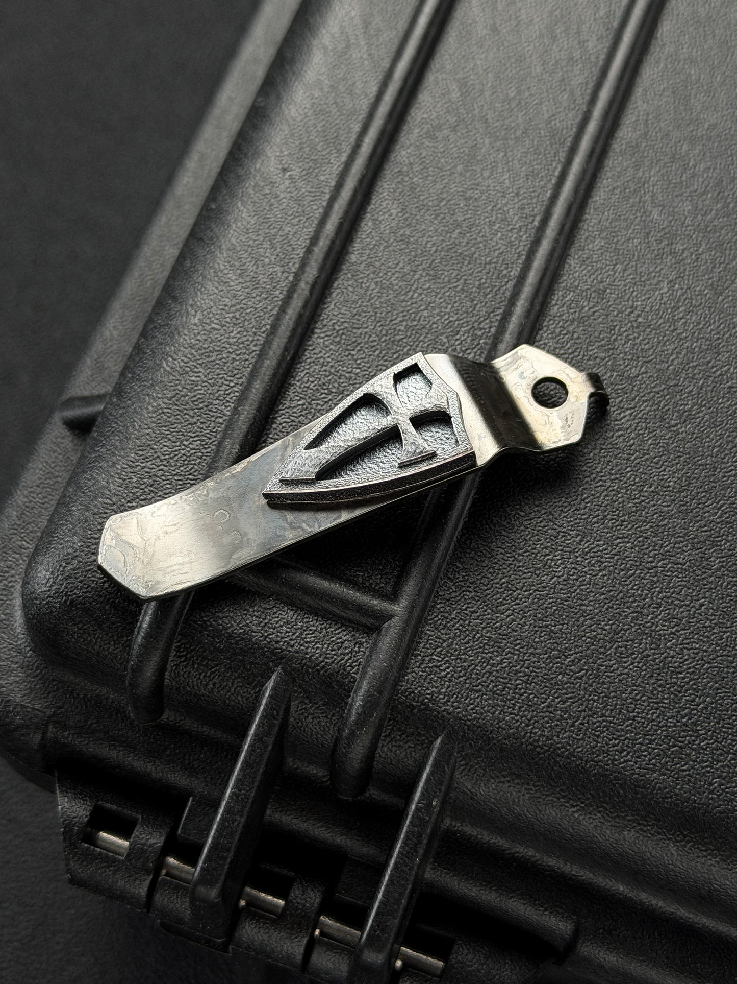 Steel Flame × Starlingear × Strider Knives Collaboration Crusader Orange-Peel Silver Shield Pocket Clip