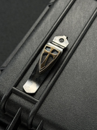 Steel Flame × Starlingear × Strider Knives Collaboration Crusader Orange-Peel Bronze Shield Pocket Clip