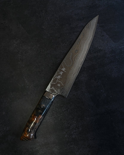 Takeshi Saji VG10 Damascus Gyuto 210mm Diamond Finish Stabilized Wood Handle – Handmade Japanese Chef Knife