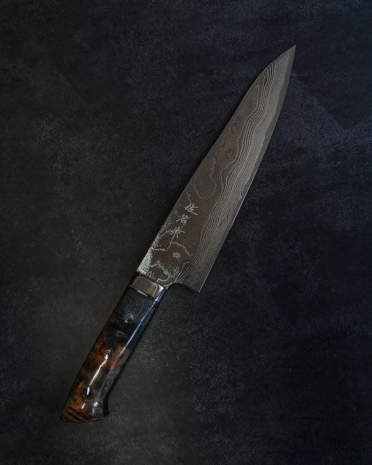 Takeshi Saji VG10 Damascus Gyuto 210mm Diamond Finish Stabilized Wood Handle – Handmade Japanese Chef Knife