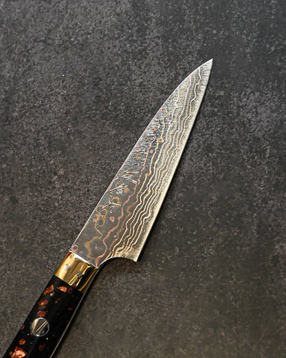佐治武士 V金10W 有色ダマスカス ペティ 90mm ミガキ仕上げ 黒茶コーリアンハンドル