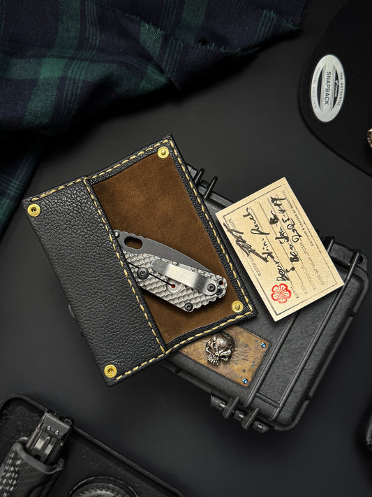 Wtopia Handmade Knife Pouch – Aomori Black Bear Leather｜One-Off Japanese Made with Twin Brass Ginkgo Snaps