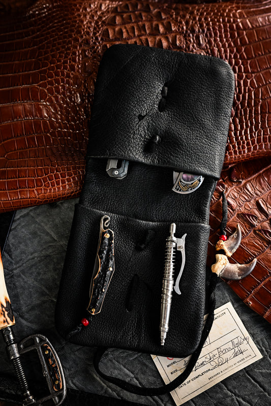 Made in Japan Wtopia One-Off Custom 4-in-1 Knife / Tool Roll Case – Bear Leather, Hokkaido Deer Antler Button, Bear Claw Charm