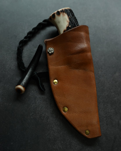 Wtopia Petty Camp – Handmade Japanese Damascus Knife with Antler Handle & Leather Sheath