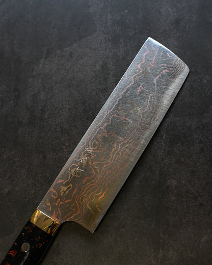 佐治武士 青有色ダマスカス 菜切 165mm 黒茶コーリアンハンドル 手打ち包丁