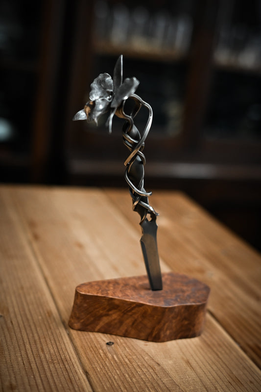 Hidetoshi Nakayama One-Off Orchid Flower Knife Laminated Steel Blade & Petals Shadow Wood Burl Stand
