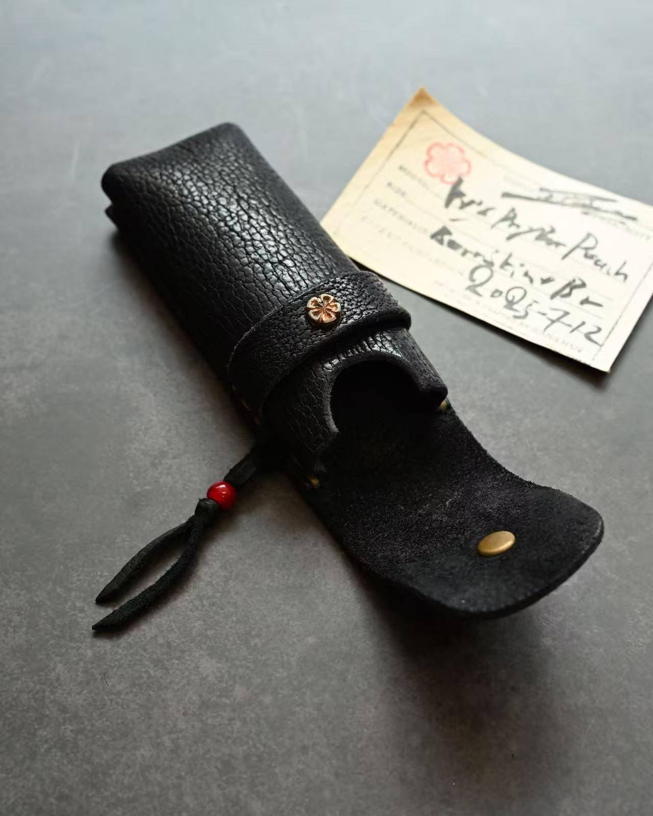 Wtopia Handmade Knife/Tool/Flashlight Pouch｜Japanese Bear Leather with Bronze Cherry Blossom Inlay｜Includes Pendant & Hand-Signed Birth Card
