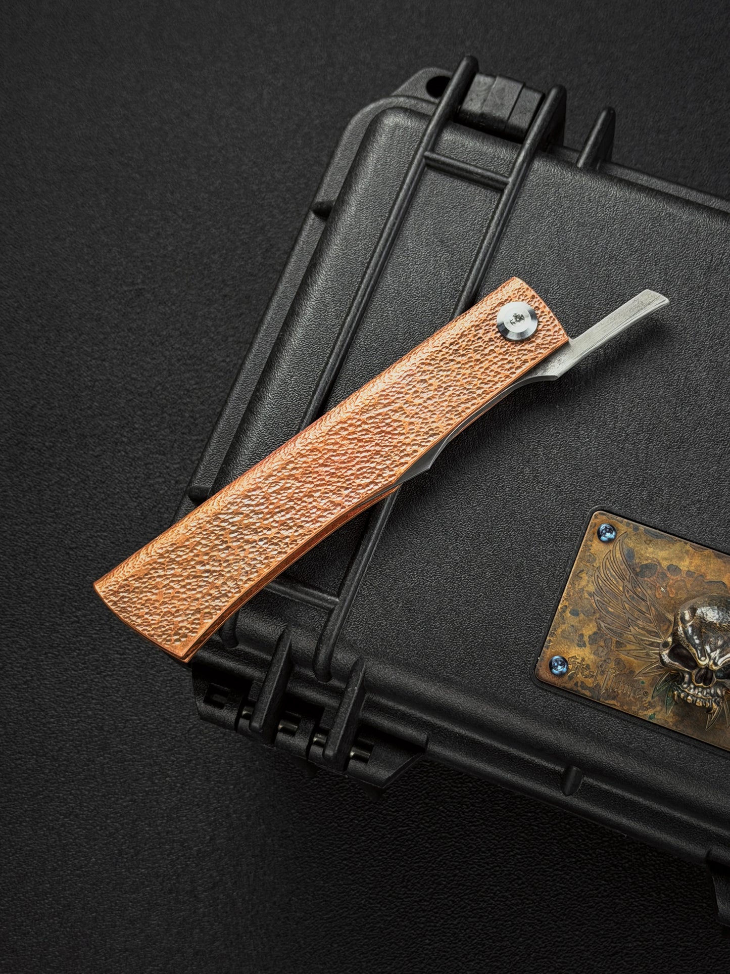 Handmade Higonokami-Style EDC Custom Folding Knife Orange-Peel Copper Handle with W2 Hamon Blade