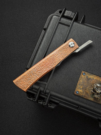 Handmade Higonokami-Style EDC Custom Folding Knife Orange-Peel Copper Handle with W2 Hamon Blade