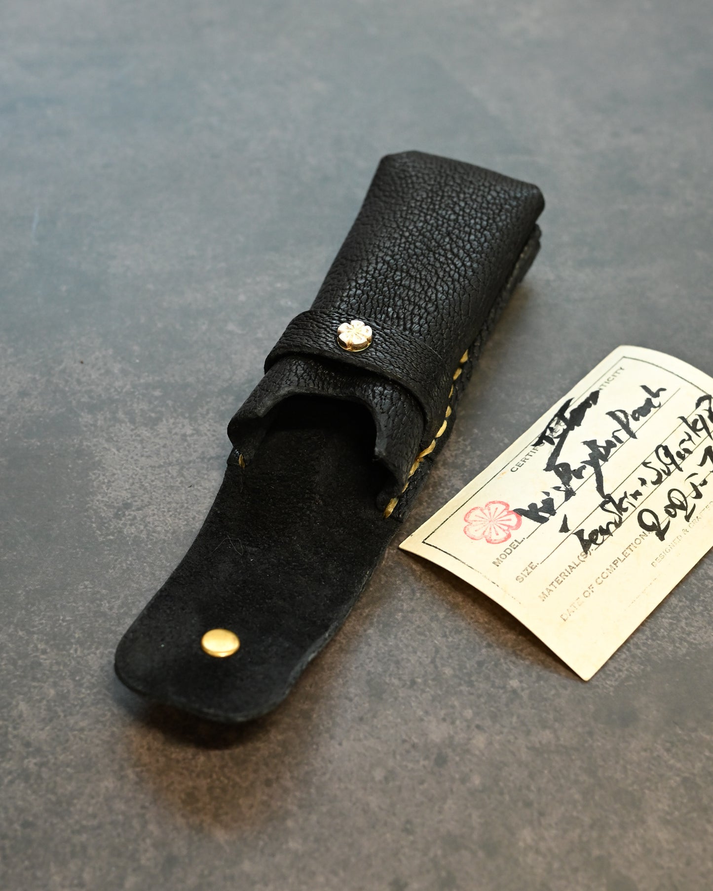 Wtopia Handmade Knife/Tool/Flashlight Pouch｜Japanese Bear Leather with 925 Silver Ginkgo Inlay｜Hand-Signed Birth Card｜One of a Kind
