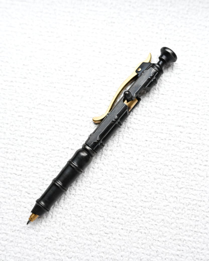 Nakayama Hideotoshi Handmade Tactical Pen – Bolt Action | Blackened Stainless Steel + Brass Accents | Bamboo-Inspired Design