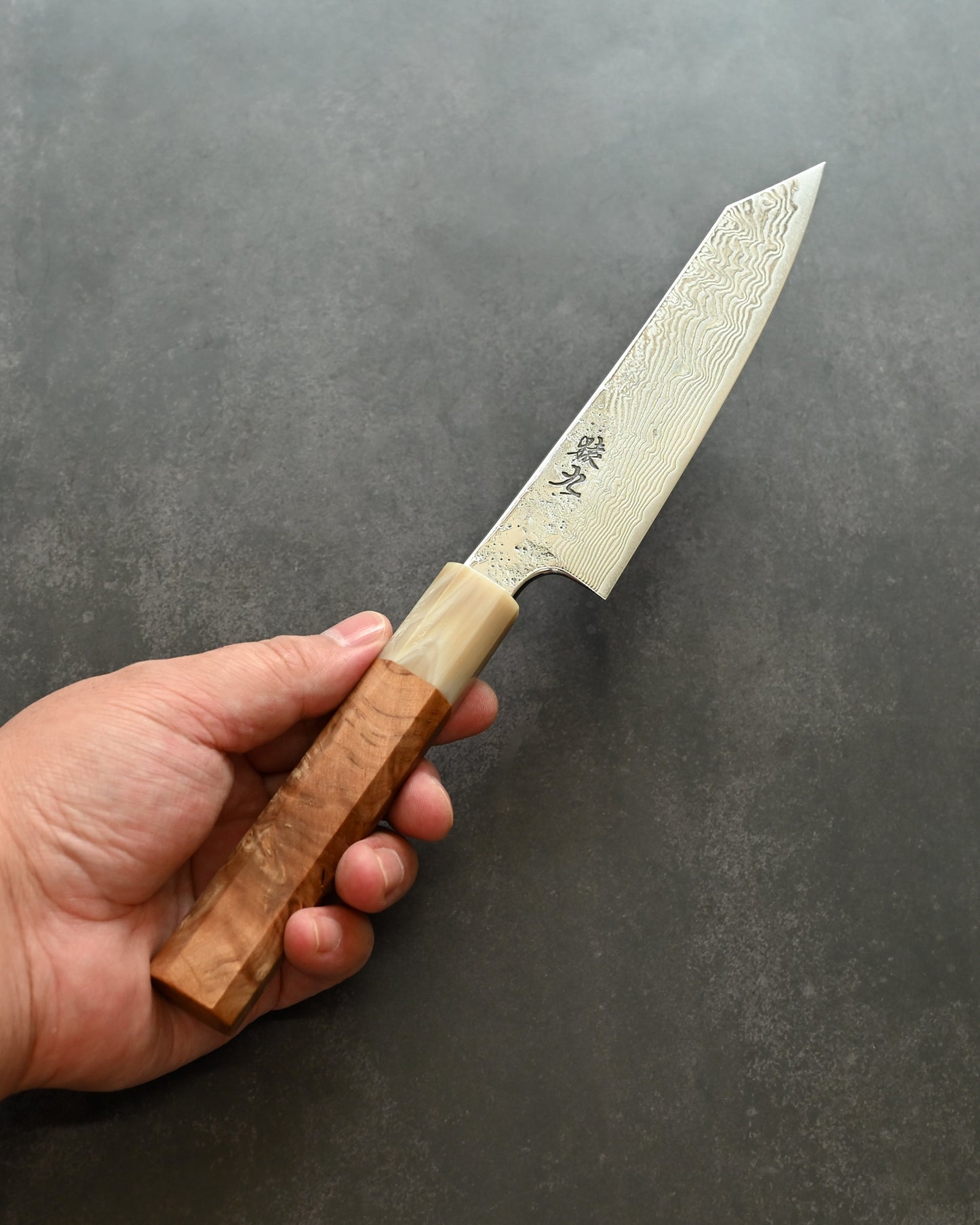 Saruku Homura-Un Petty Knife 135mm Japanese Kitchen Knife SPG2 Damascus  Burl Wood Handle  Buffalo Horn Ferrule