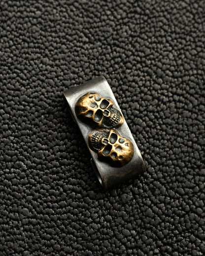Vintage Steel Flame Dark 2 Skull MOLLE Clip with Bronze Skull Inlay