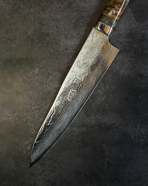 Takeshi Saji VG10 Damascus Gyuto 210mm Diamond Finish Stabilized Wood Handle – Handmade Japanese Chef Knife