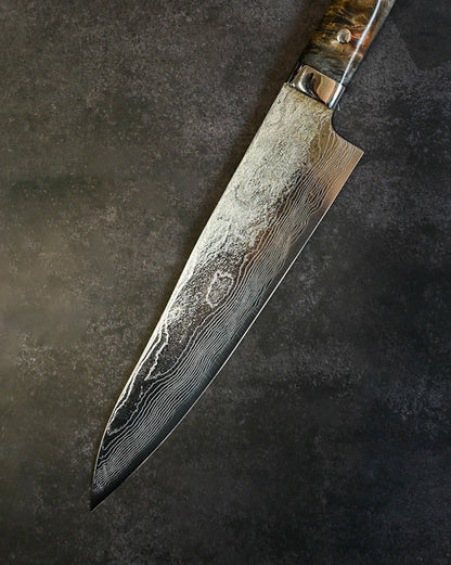 Takeshi Saji VG10 Damascus Gyuto 210mm Diamond Finish Stabilized Wood Handle – Handmade Japanese Chef Knife