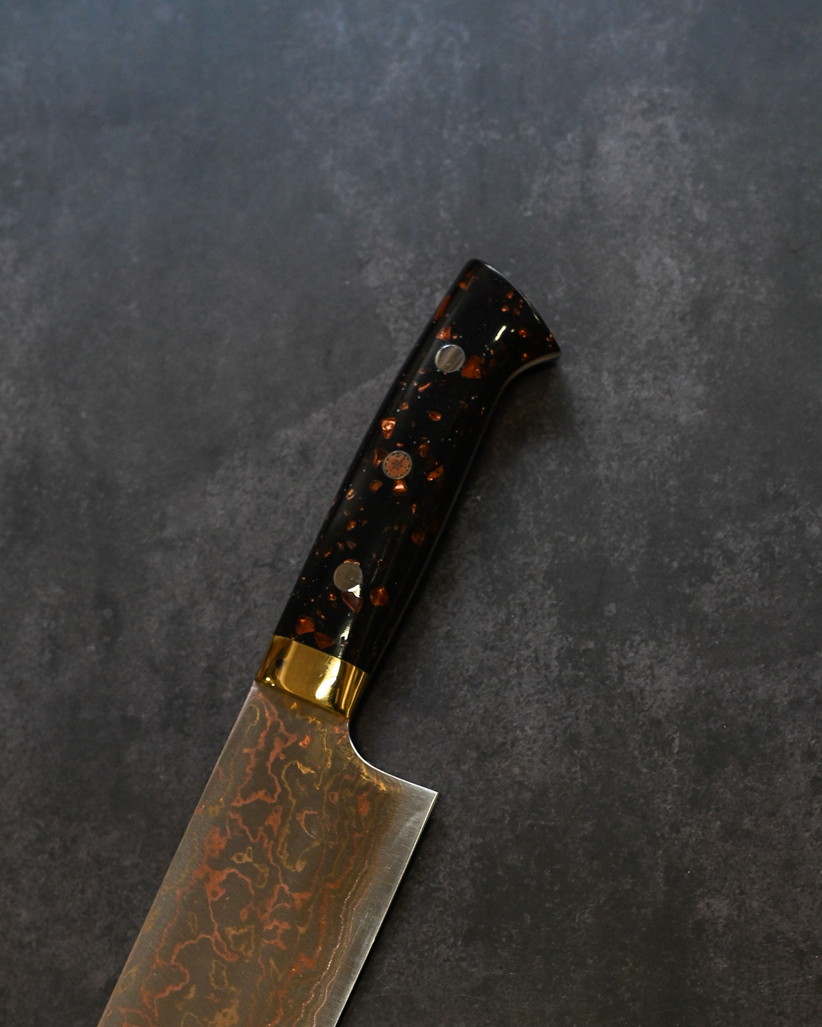 佐治武士 青有色ダマスカス 菜切 165mm 黒茶コーリアンハンドル 手打ち包丁